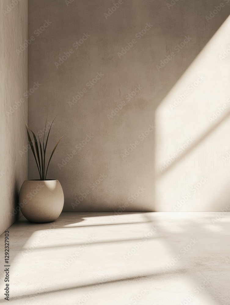 Poster minimalist indoor space with potted plant casting soft shadows on warm walls. generative ai