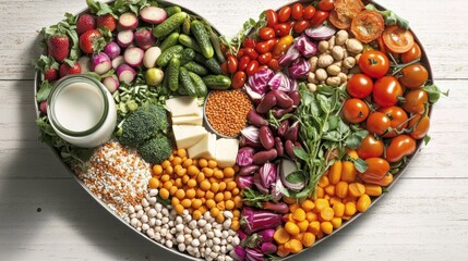 Healthy heart-shaped vegetable arrangement kitchen food photography vibrant aerial view nutrition concept