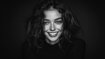 Fototapeta premium Smiling woman with curly hair in a black and white portrait.