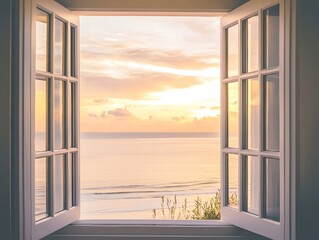 Obraz premium A seaside sunset from an open window offers a relaxed and timeless view