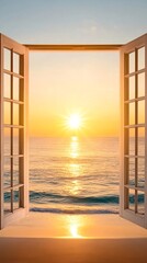 A seaside sunset from an open window offers a relaxed and timeless view