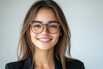 Fototapeta premium Portrait of a smiling young businesswoman wearing glasses, isolated on white background, 32k image