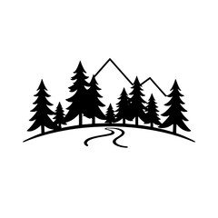 Silhouette scene of trees, mountains and a road through a forest.