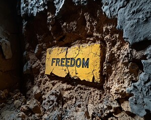 A yellow sign with the word 'Freedom' on a textured, rocky wall.