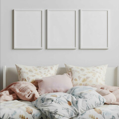 photo of a kids room for a girl close look at a wall with three empty white photo frames in aspect ratio 23 hanging above the nicely done single bed