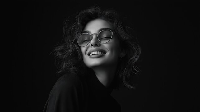Stylish woman smiling in black and white portrait.