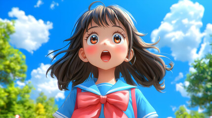 Girl amazed, summer sky, park trees, digital art, website banner