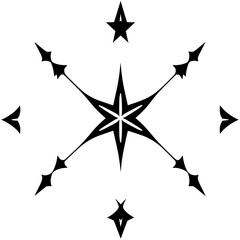 Black Starburst: A symmetrical composition of star shapes, dark lines on white background, with a central star, and extending points.