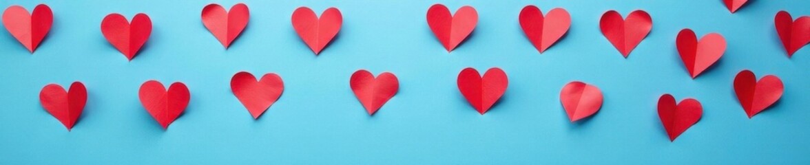 Neatly arranged red paper hearts on blue background, pattern, cute