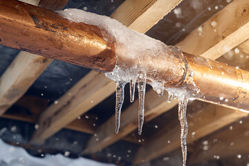 fractured copper water pipe with dramatic ice formation, crystalline icicle structures