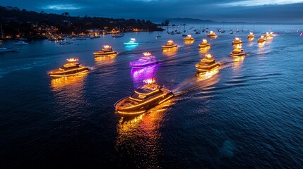 Crowd perspective capturing the energy of the race, boats illuminated with vibrant colors and banners fluttering in the breeze, holiday celebration