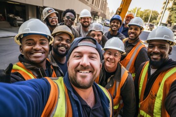 Smiling group of construction workers taking a selfie