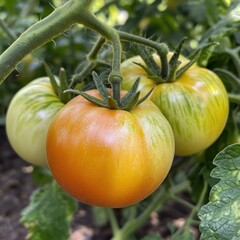 Striped Tomatoes Hanging on Vine in Garden