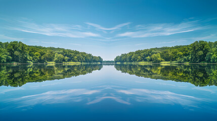 Serene Lake Reflection: A Symmetrical Harmony of Sky and Greenery in Nature's Mirror