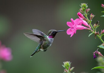 High-speed capture of a hummingbird hovering near a vibrant flower