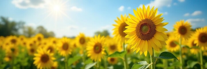 Fototapeta premium Sunflower field with yellow flowers swaying in wind, nature, sunflowers, sunlight