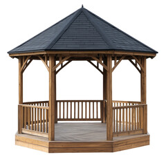 wooden gazebo with a black roof, in an octagonal shape, isolated on a white background