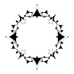 Ornamental, Black and white geometric frame featuring a repeating pattern of stars, triangles, and a central empty space with a minimalist design.