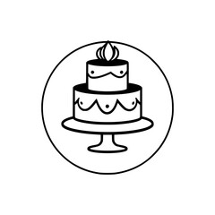 Two-tier cake set on a pedestal, black and white line drawing of a cake, in a circle frame.