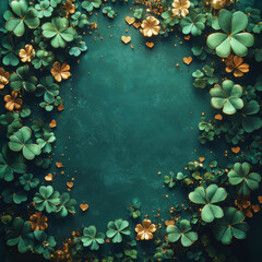 Naklejka premium Image showcases a dynamic digital illustration of St Patricks Day, featuring a clover border with falling clovers and gold coins on a green backdrop A subtle four-leaf clover is hidd - AI-Generated