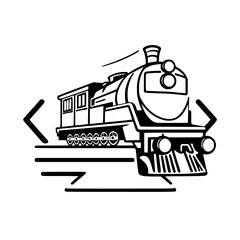 Black-and-white vector illustration of a steam train. Classic train, black and white, showing train and tracks.