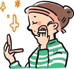 パウダーファンデーションをあしらう女性の手描き風イラスト