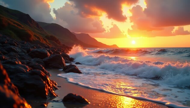Rusty remains at golden hour, waves gently lapping , broken, abandoned ship