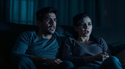 Obraz premium Couple watching a movie together with suspenseful expressions
