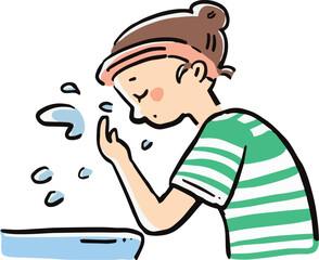 顔を洗う女性の手描き風イラスト