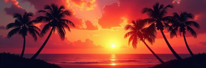 Silhouetted palm trees against a blazing sunset over the sea , travel, sky