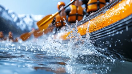Fototapeta premium Dramatic action shot of dragon boats in mid-race, splashes frozen in time, paddlers united in powerful synchronization