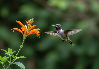 Obraz premium High-speed capture of a hummingbird hovering near a vibrant flower