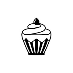 Black and white cupcake illustration, simplistic design with buttercream swirl and cherry on top.