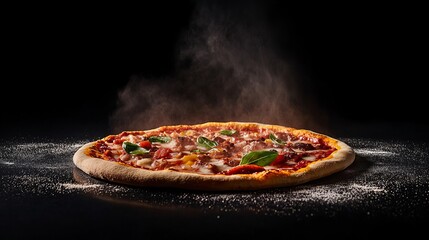 A freshly baked pizza with melted cheese and steam rising, creating a mouth-watering image.