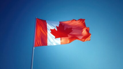 Canadian flag waving against blue sky, high-resolution image of red and white colors, isolated with alpha transparency, perfect for digital use