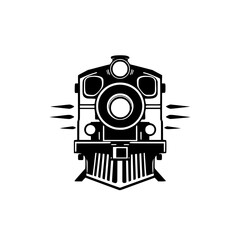 Black-and-white silhouette illustration of a frontal view of a vintage steam train locomotive with a headlight, and steam puffs.