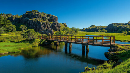 Fototapeta premium Cartoon nature landscape wooden bridge over the river or creek, green field with grass and rocks under blue clear sky. Picturesque scenery background, natural tranquil scene, Vector illustration