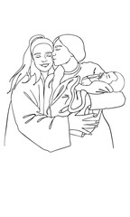 Minimalist vector line art of two female embracing, one kissing the other while holding a newborn baby. LGBT,  love, family bonds, motherhood, friendship, and emotional connection.