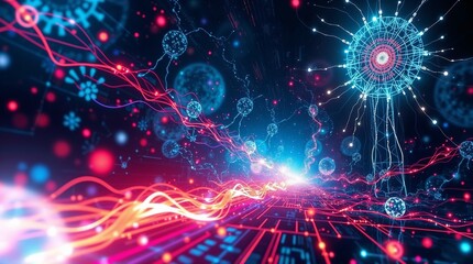 Digital background dreamlike, surreal imagery with creative light art.  Abstract patterns and fantastical elements dominate,  suitable for tech presentations.  Color scheme vivid, contrasting hues.  S