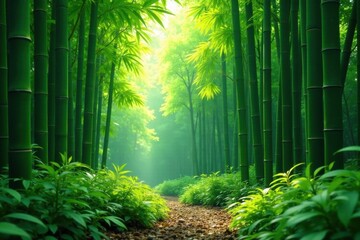 Lush green bamboo forest background, vibrant foliage , landscape, stems