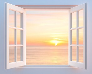 A seaside sunset from an open window offers a relaxed and timeless view