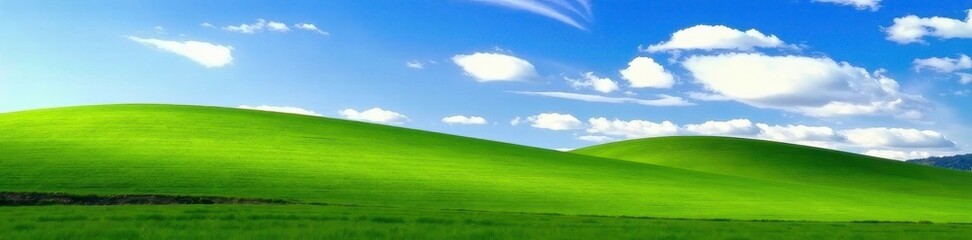 Fototapeta premium Rolling hills of emerald grass meet a boundless azure sky , sky, meadow