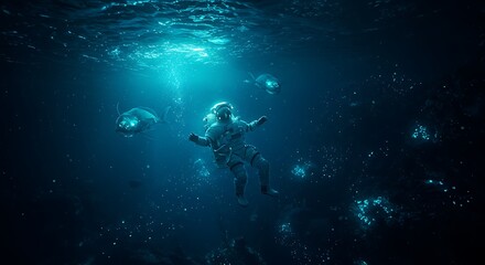 Obraz premium Submerged Astronaut in Dark Blue Water Pixel Art 