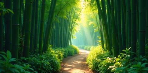 Fototapeta premium Sun-dappled path winds through dense bamboo, Kyoto , nature, outdoor, photography