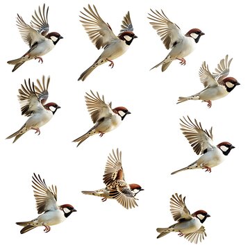 A collection flying sparrows, each captured in mid-flight with wings spread wide The sparrows are isolated on white background