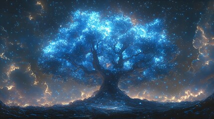 Obraz premium Mystical glowing tree, night sky, ethereal landscape, fantasy art, stock image