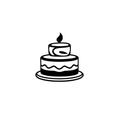 Two-Tiered Cake with Candle, Black and White Minimalist Vector Illustration on White Background.