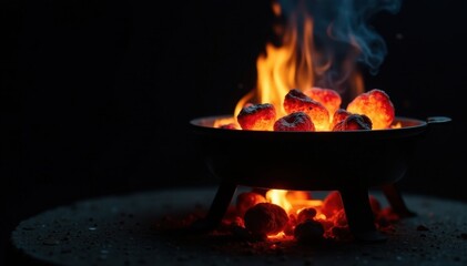 Portable hot BBQ grill, glowing embers, black background, outdoor, metal