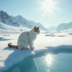 a cat in an arctic area with a lake