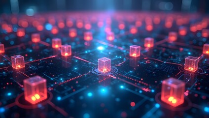 A glowing futuristic cube network with neon colors.	